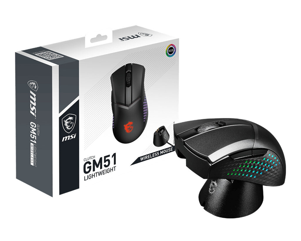 MSI CLUTCH GM51 - RF Wireless + Bluetooth + USB Type-C Optical Mouse in Black - 26,000 DPI