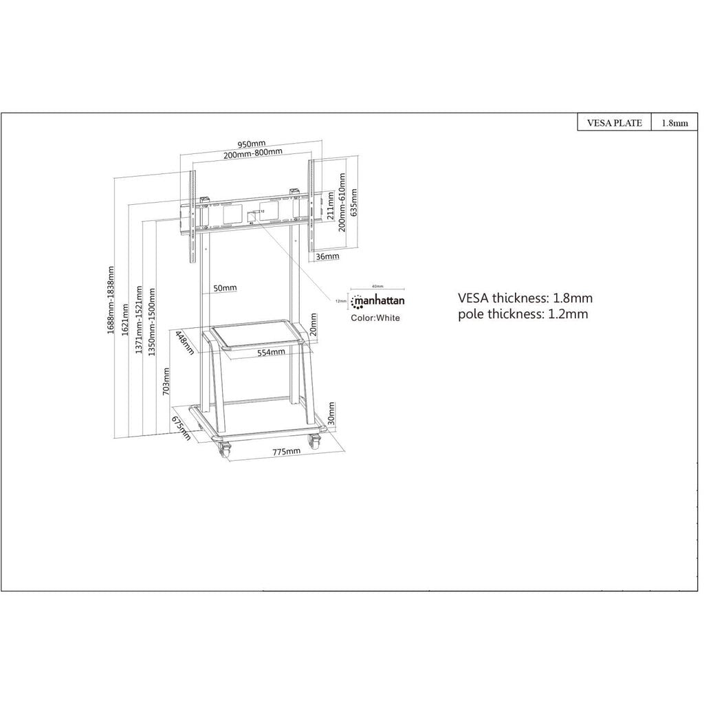 Manhattan 461665 - Trolley TV stand for 94 cm (37") to 2.54 m (100")