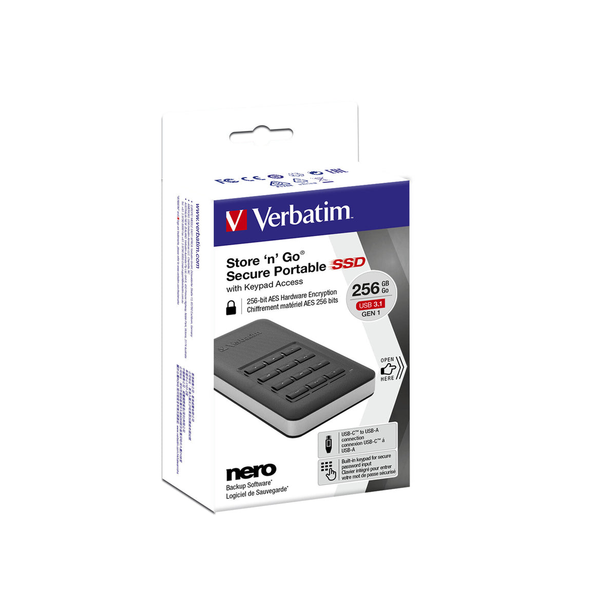 Verbatim Store 'n' Go Portable SSD with Keypad Access in Black / Silver - 256 GB
