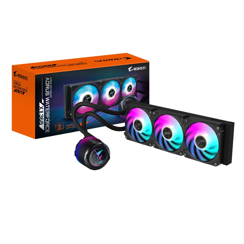 GIGABYTE AORUS WATERFORCE X II 360 AIO Liquid CPU Cooler - 3x120mm ARGB Fans/ full-color LCD/ MAGNETIC interlocking mechanism/ DAISY-CHAIN/ Intel LGA 1851 and AMD AM5 Compatible