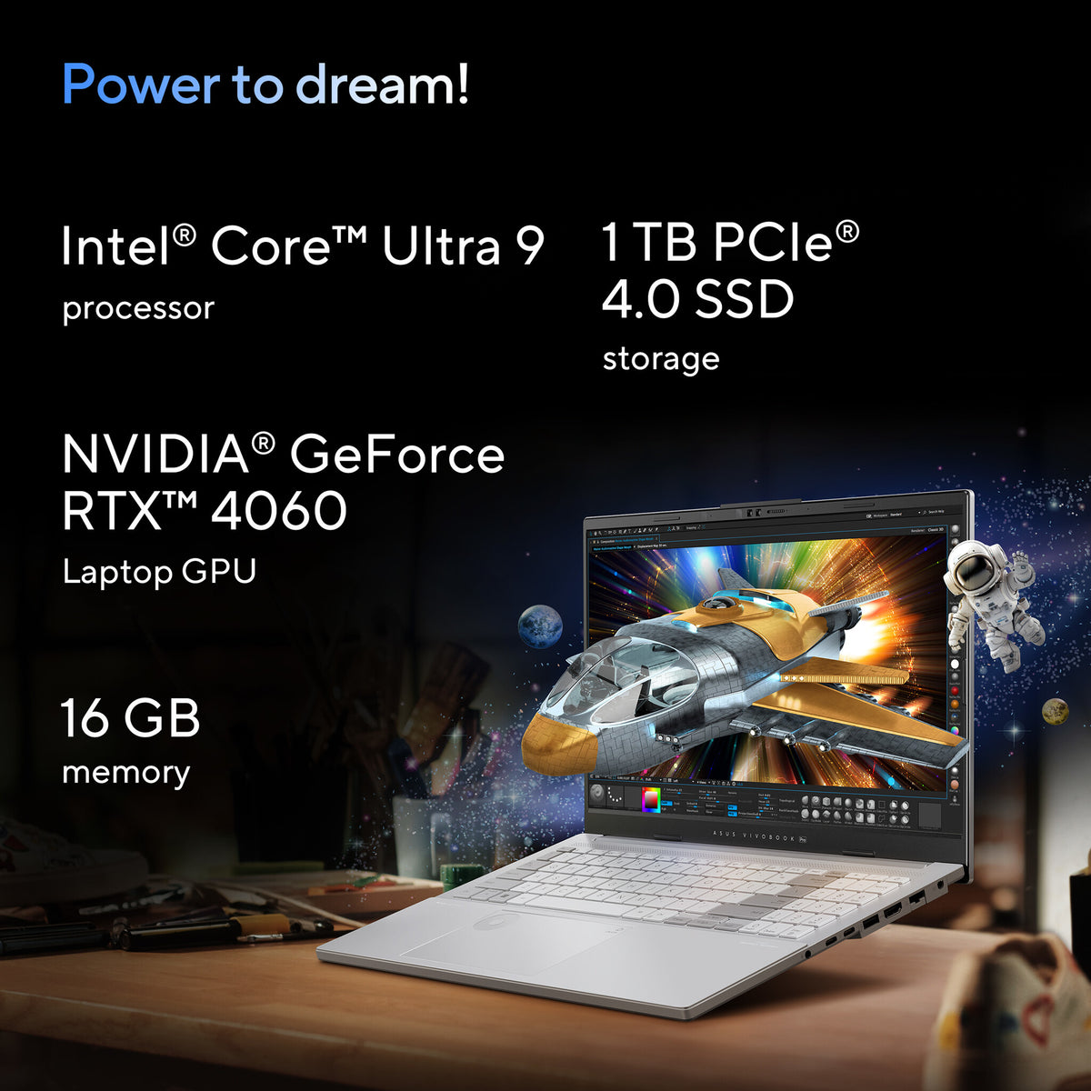 ASUS Vivobook Pro 15 OLED Laptop - 39.6 cm (15.6") - Intel Core Ultra 9 185H - 16 GB DDR5-SDRAM - 1 TB SSD - NVIDIA GeForce RTX 4060 - Wi-Fi 6E - Windows 11 Home - Grey