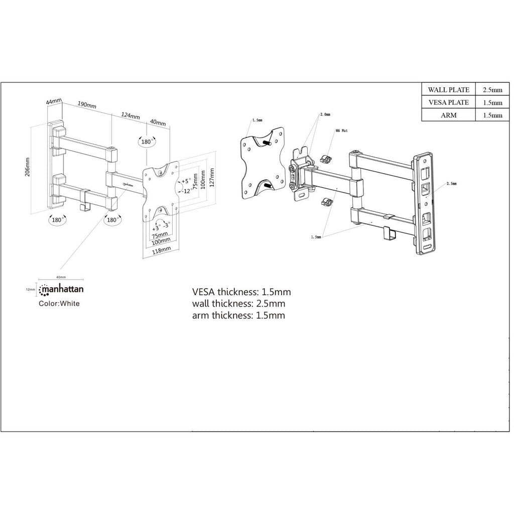 Manhattan 461382 - Wall monitor mount for 33 cm (13") to 68.6 cm (27")