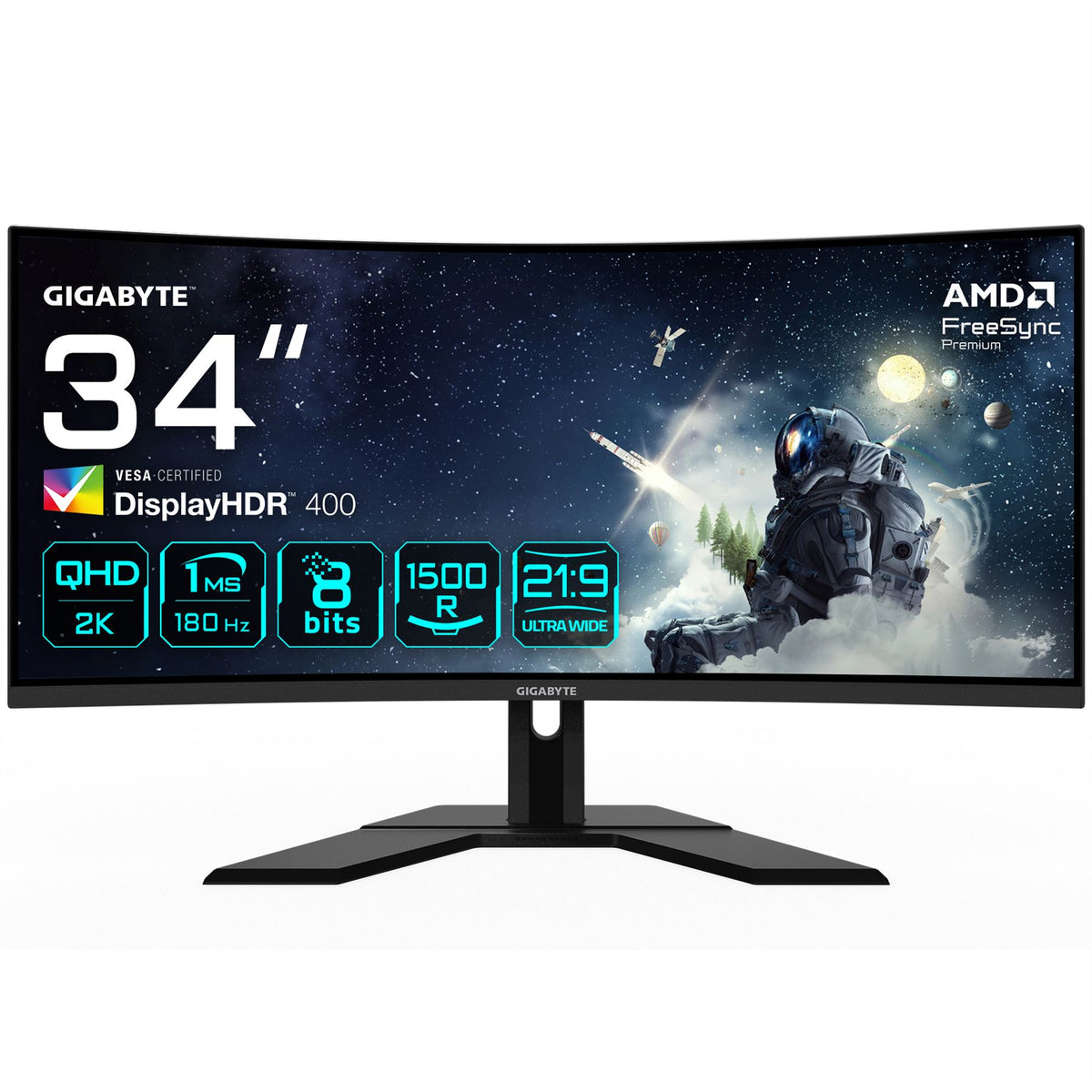 GIGABYTE G34WQCP 34" UWQHD Curved Gaming Monitor - 3440 x 1440, 1500R, 180Hz, 1ms, 350 cd/m2, AMD FreeSync Premium, DisplayHDR 400, HDMI 2.0, Displayport 1.4