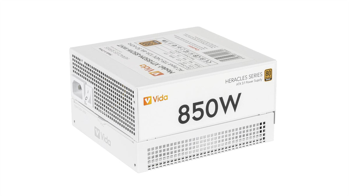 VIDA 850W Heracles White ATX 3.1 Gaming PSU, 80+ Bronze, 140mm Ultra-Quiet FDM Fan, Flat White Cables, PCIe 5.1, Power Lead Not Included power supply unit 24-pin ATX