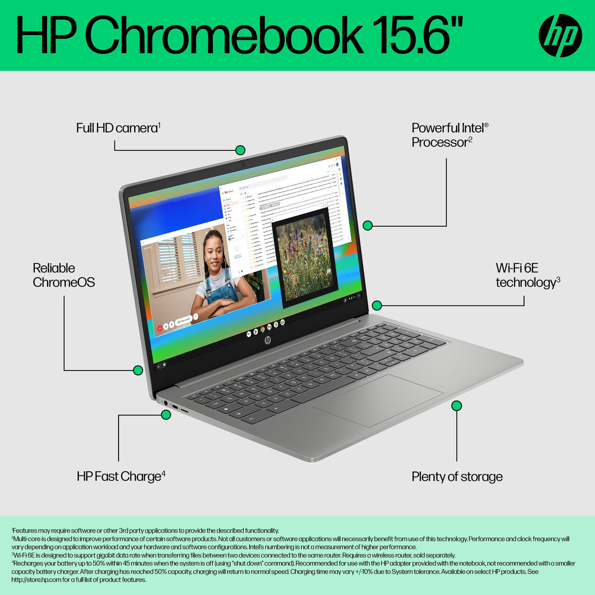 HP Chromebook Plus - 39.6 cm (15.6") - Intel® Core™ i3-N305 - 8 GB LPDDR5-SDRAM - 256 GB Flash - Wi-Fi 6 - ChromeOS - Silver