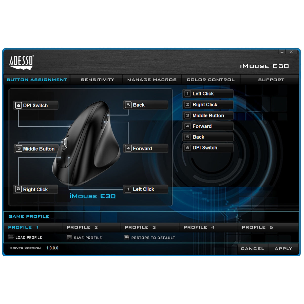 Adesso iMouse E30 - 2.4 GHz RF Wireless Vertical Optical Mouse in Black - 2,400 DPI