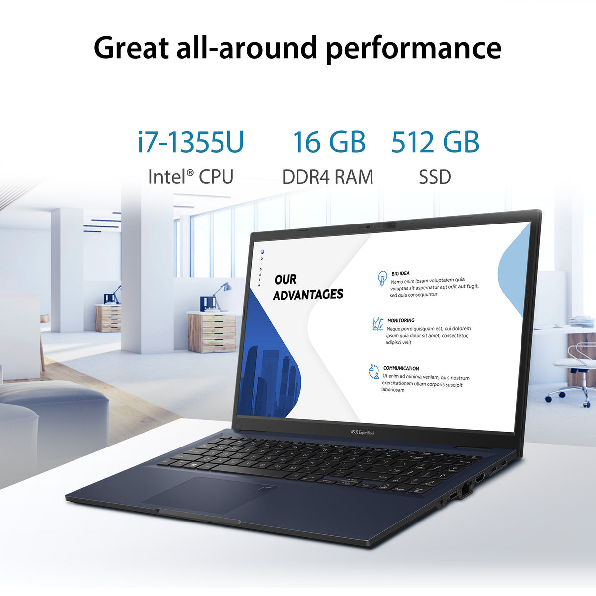 ASUS ExpertBook B1 Laptop - 39.6 cm (15.6") - Intel® Core™ i7-1355U - 16 GB DDR4-SDRAM - 512 GB SSD - Wi-Fi 6E - Windows 11 Pro - Black