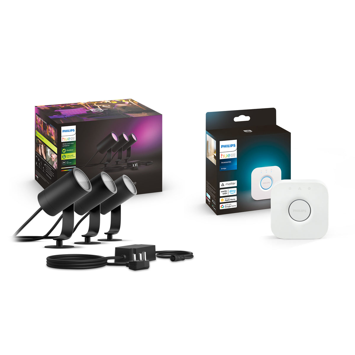 Philips Hue Lily Outdoor Lights Base Kit in Black - White and colour ambience (Pack of 3 & Bridge)