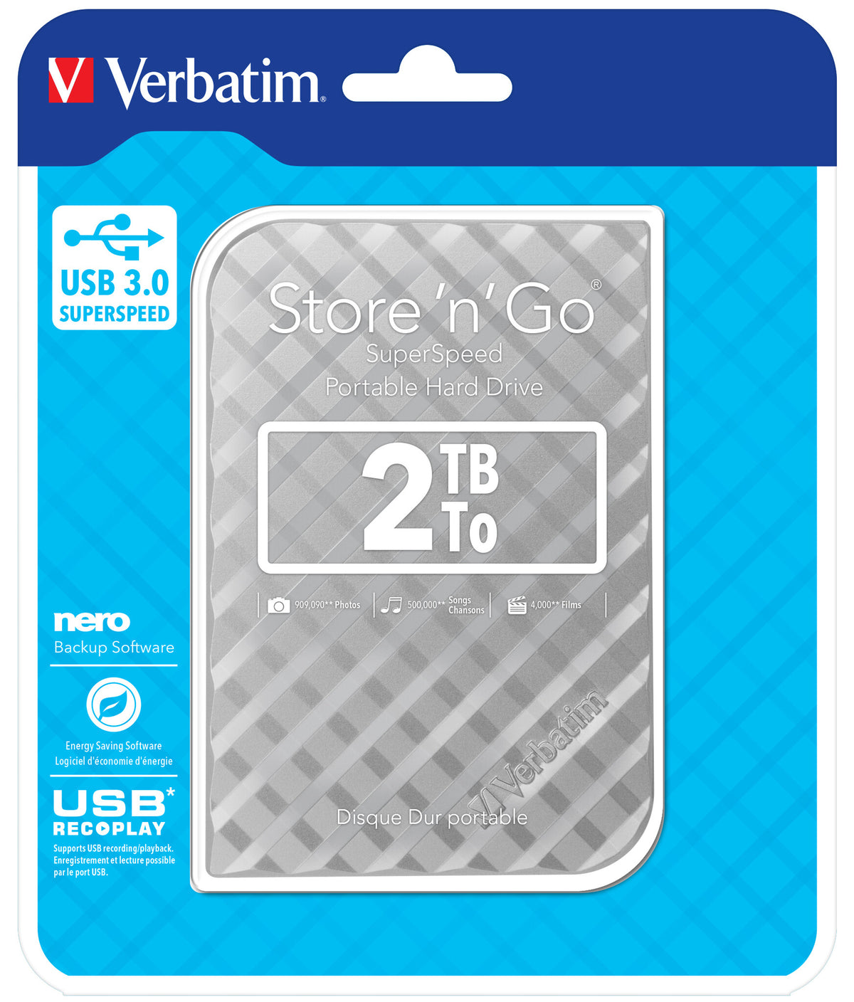 Verbatim Store 'n' Go USB 3.0 Hard Drive in Silver - 2 TB