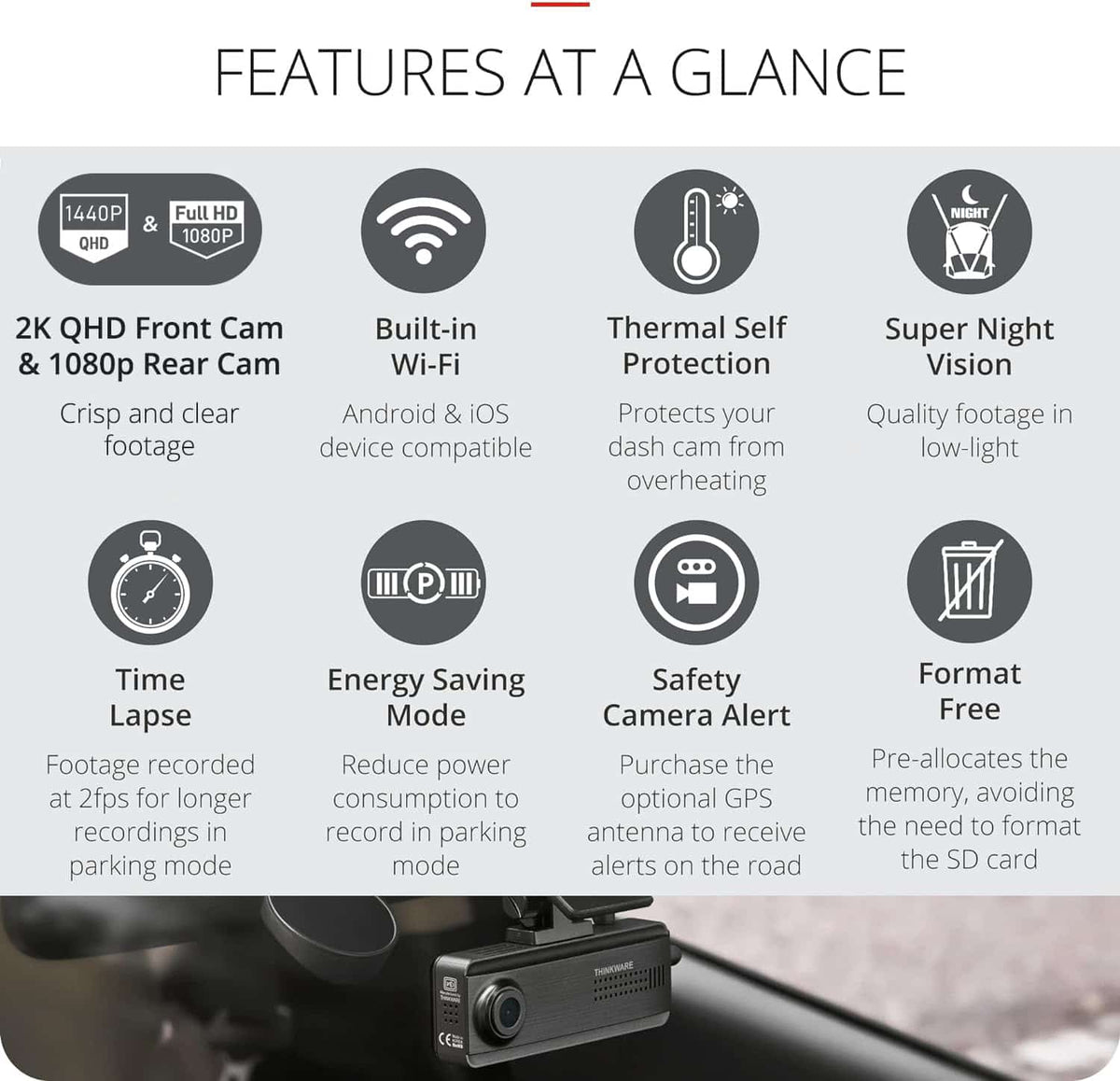 Thinkware Q200 - Dual Lead Front & Rear Dashcam with GPS antenna