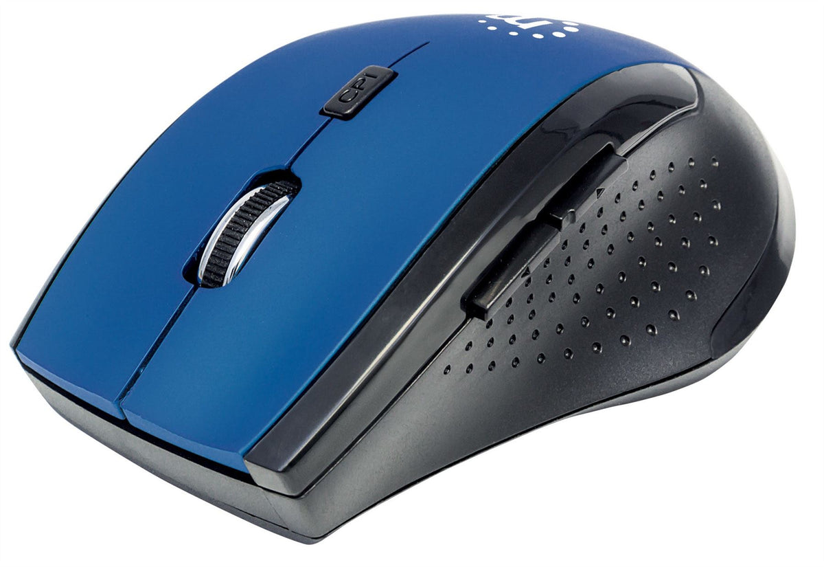 Manhattan Curve Wireless Mouse (Clearance Pricing), Blue/Black, Adjustable DPI (800, 1200 or 1600dpi), 2.4Ghz (up to 10m), USB, Optical, Five Button with Scroll Wheel, USB micro receiver, 2x AAA batteries (included), Low friction base, Three Year Warranty