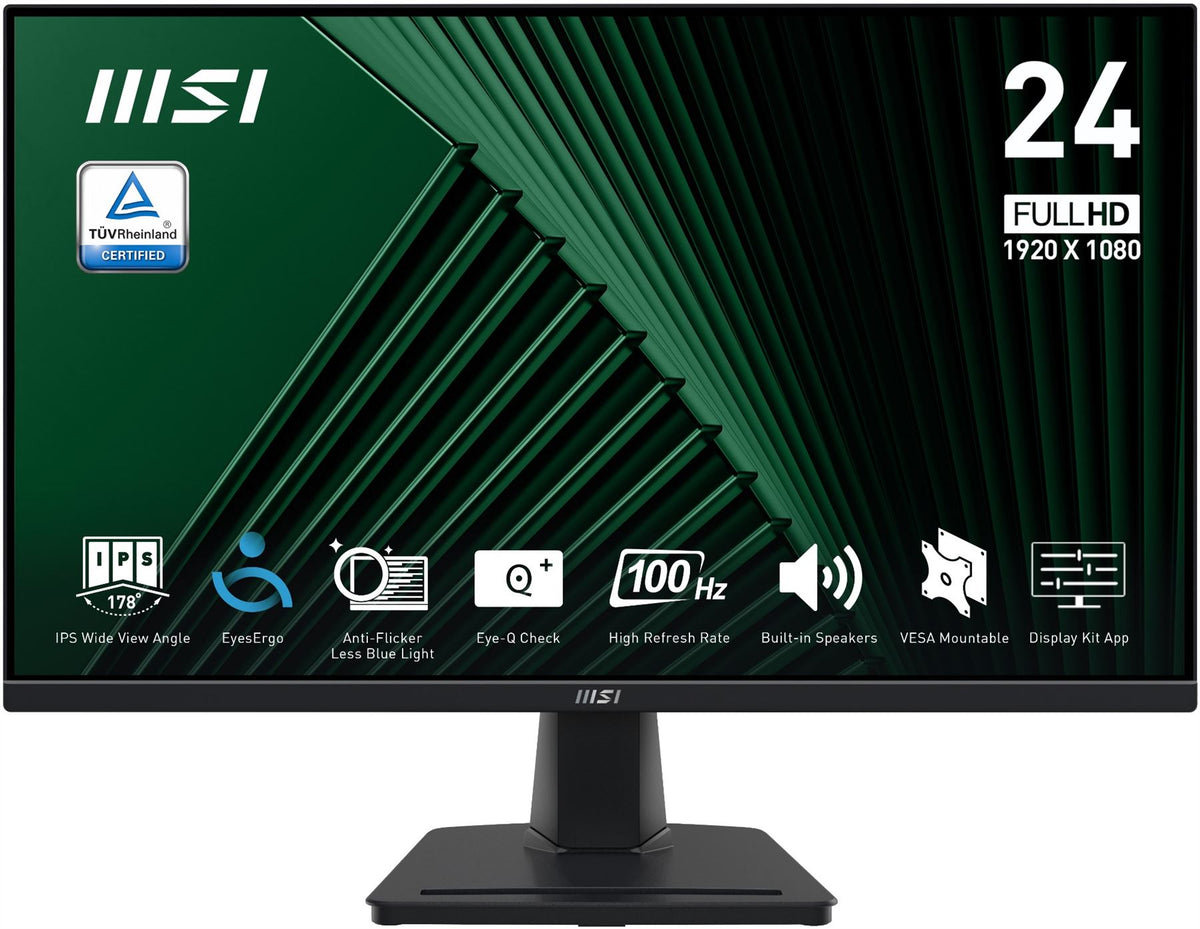 MSI Pro MP245G 24 Inch Monitor, FHD (1920 x 1080), 100Hz, IPS, 1ms, 1x HDMI 1.4b, 1x DP 1.2a output, 1x D-Sub(VGA), Built-in Speakers, Anti-Glare, Anti-Flicker, Less Blue light, TÜV Certified, VESA, Kensington, Black