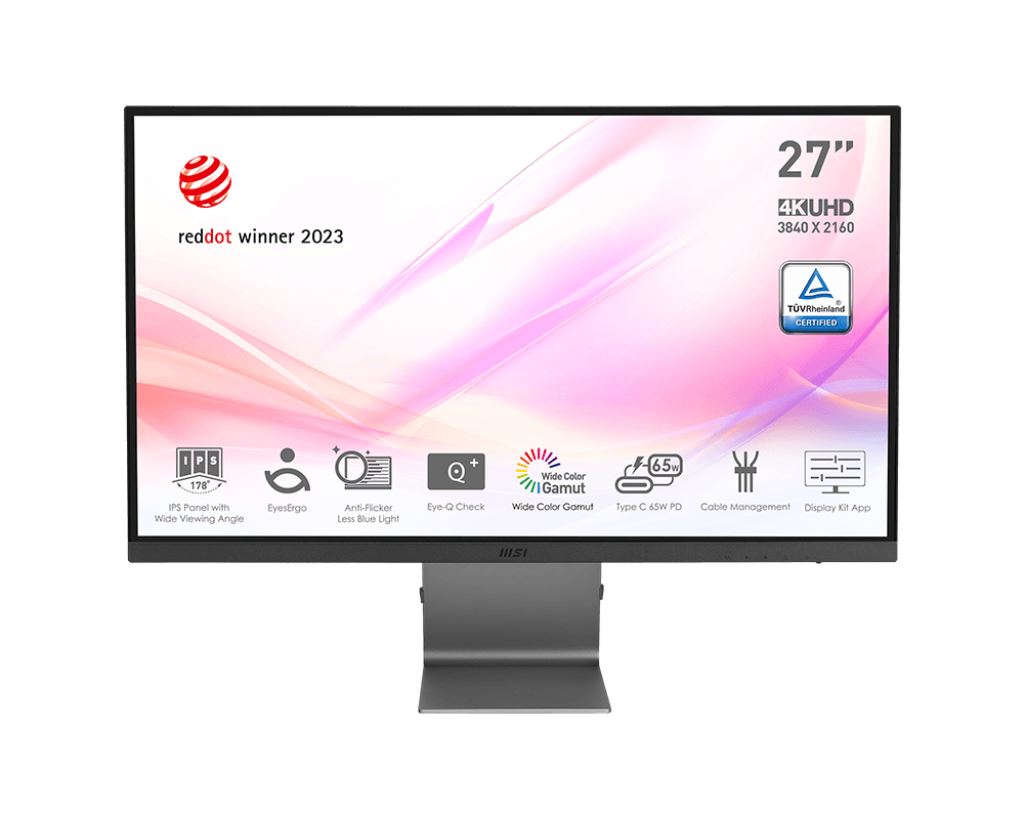 MSI Modern MD271UL 27 Inch Monitor, UHD (3840 x 2160), 60Hz, IPS, 4ms, Adaptive-Sync, 2x HDMI, DisplayPort, USB Type-C, Anti-Glare
