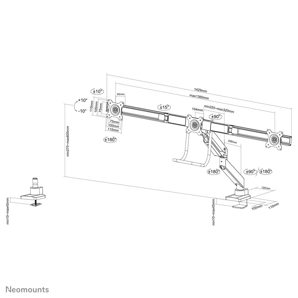 Neomounts NM-D775DX3BLACK - Desk monitor mount for 43.2 cm (17") to 68.6 cm (27")