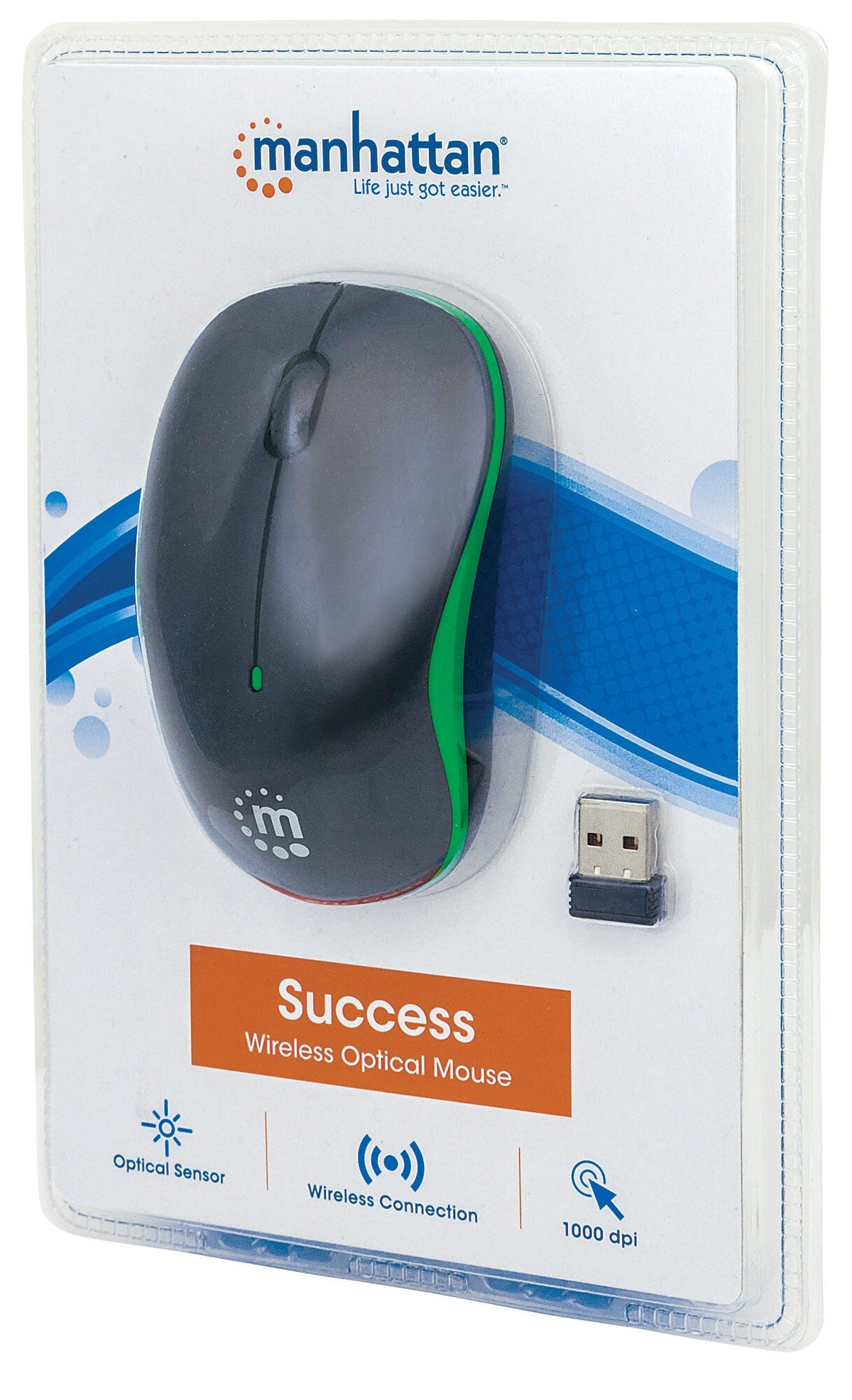 Manhattan Success 2.4Ghz Wireless Optical Mouse in Black/Green - 1,000dpi