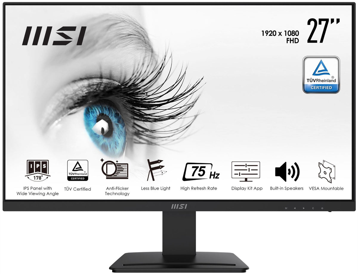 MSI Pro MP273 27 Inch Monitor, Full HD (1920 x 1080), 75Hz, IPS, 5ms, HDMI, DisplayPort, Built-in Speakers, Anti-Glare, Anti-Flick