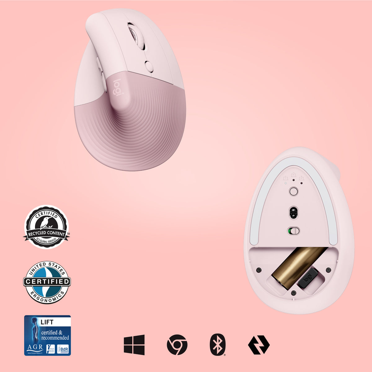 Logitech Lift Vertical Ergonomic Mouse in Pink