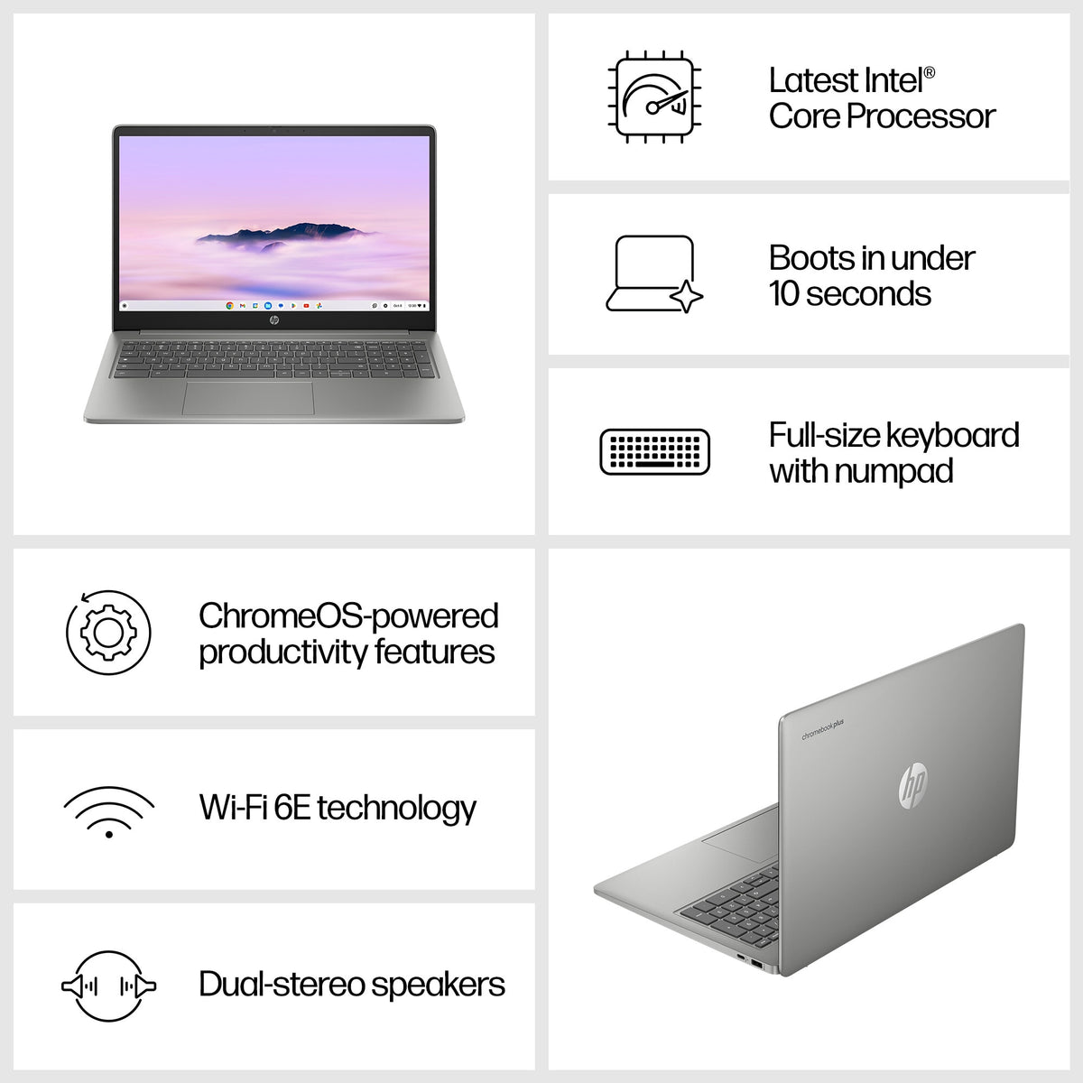 HP Chromebook Plus - 39.6 cm (15.6") - Intel® Core™ i3-N305 - 8 GB LPDDR5-SDRAM - 256 GB Flash - Wi-Fi 6 - ChromeOS - Silver