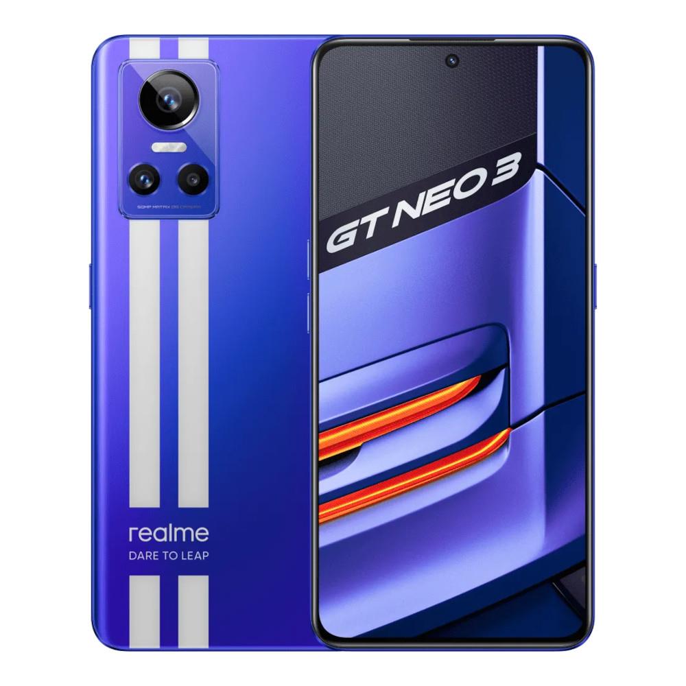 Realme GT Neo 3 in Nitro Blue, showing both the front and back of the device.